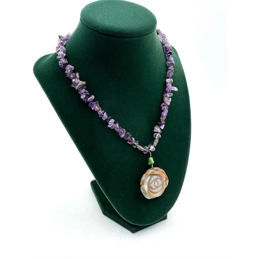 Handmade Amethyst Chip Necklace Carved Agate Rose Pendant Purple Earthy Boho